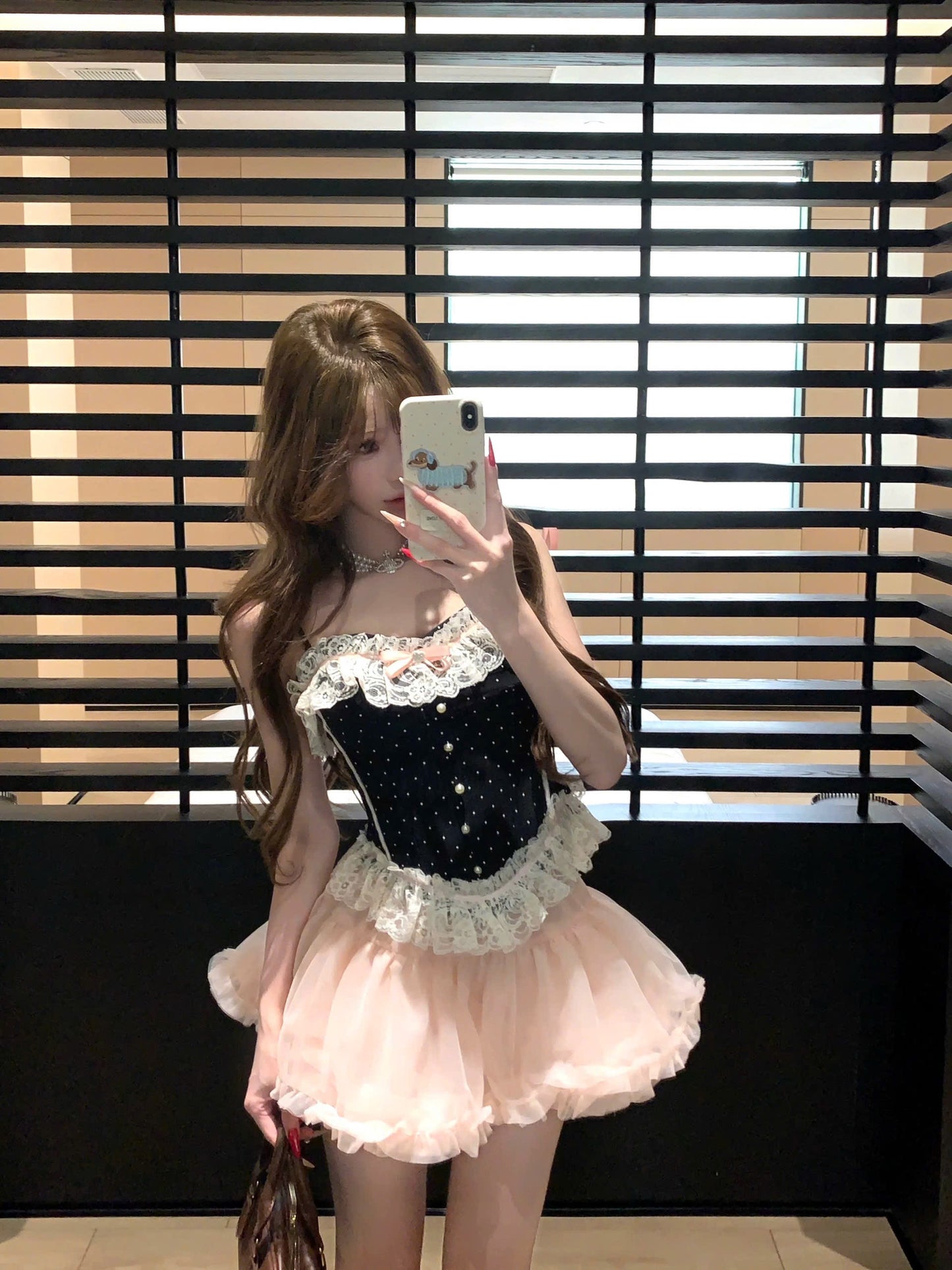 Set áo corset chấm bi mix váy voan xòe bồng nhẹ