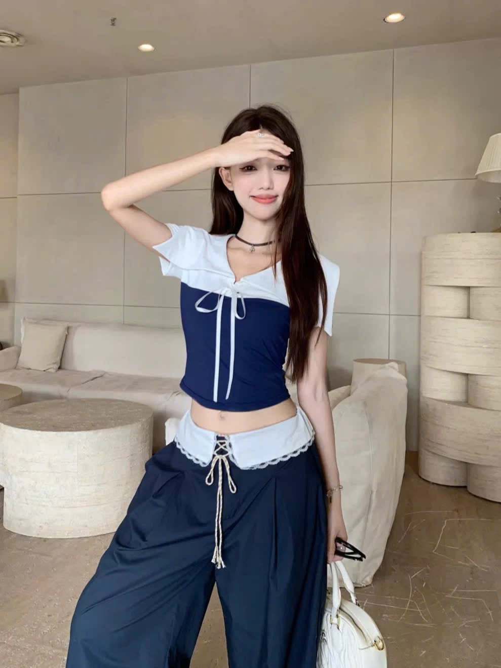 Set áo thun tay ngắn nơ ngực + quần ống rộng