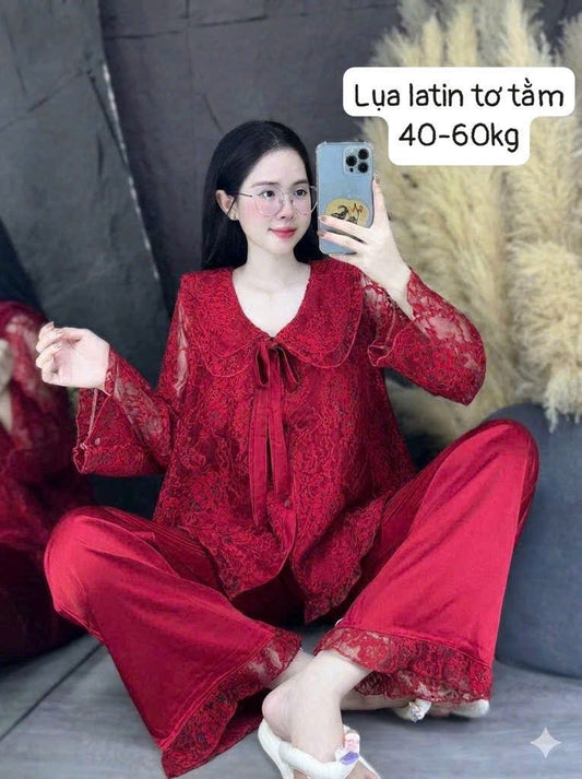 Pijama trơn ren lụa latin tơ tầm
