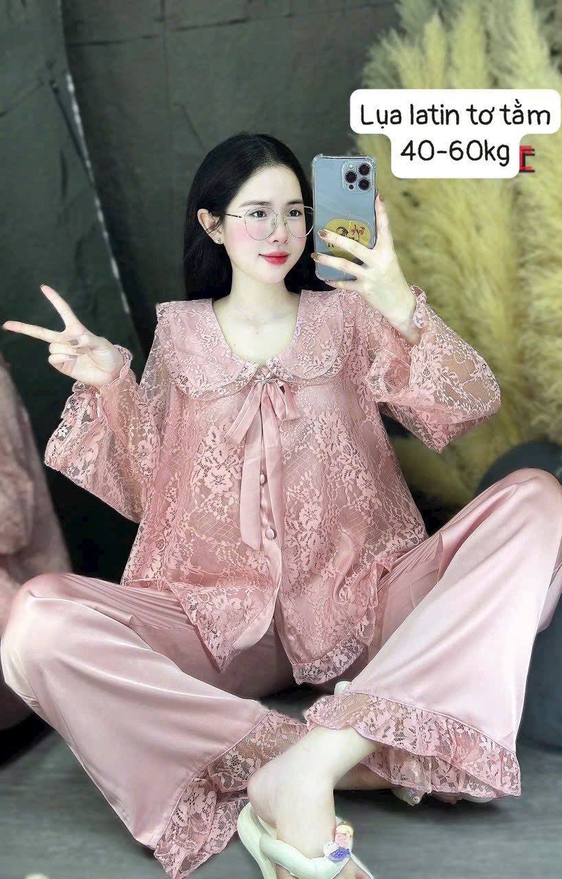 Pijama trơn ren lụa latin tơ tầm