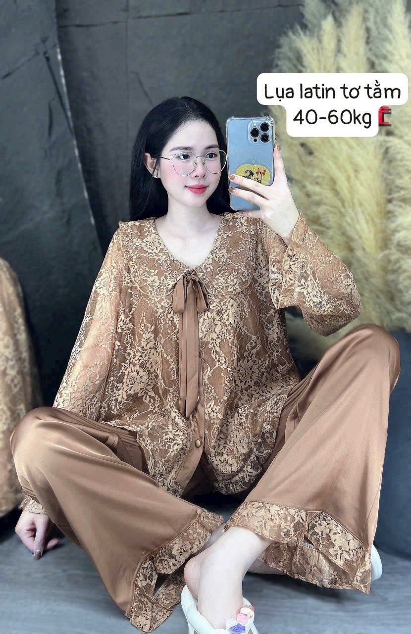Pijama trơn ren lụa latin tơ tầm