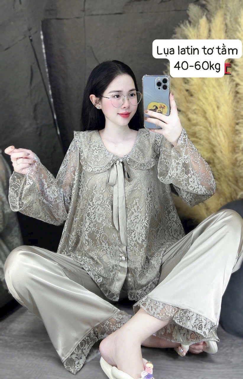 Pijama trơn ren lụa latin tơ tầm