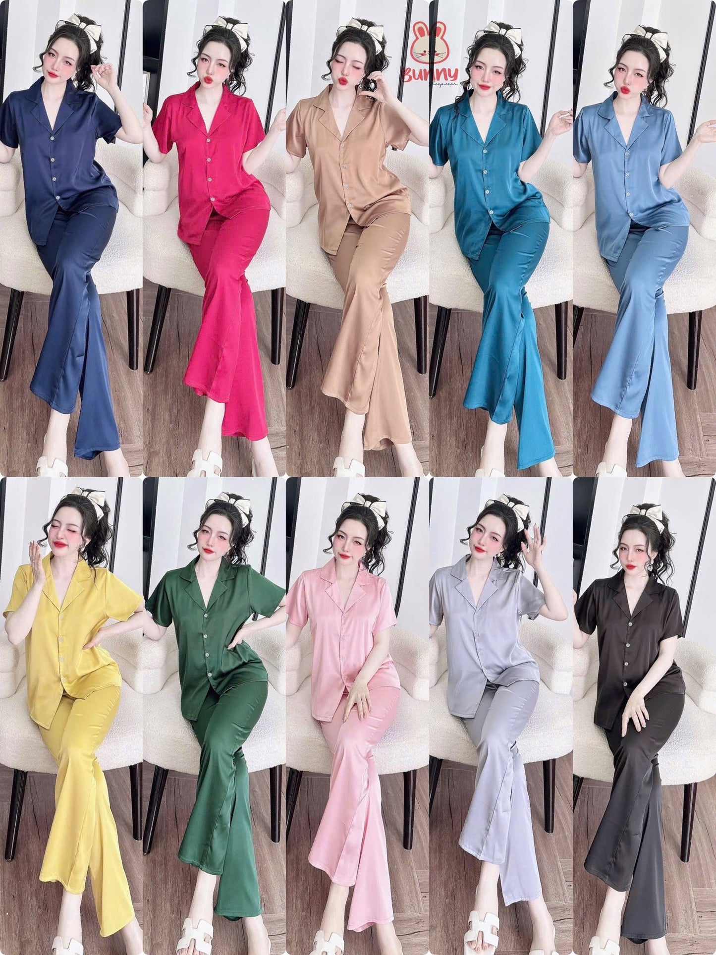 Bộ ngủ trơn bunny cổ vuông sang trọng màu cute