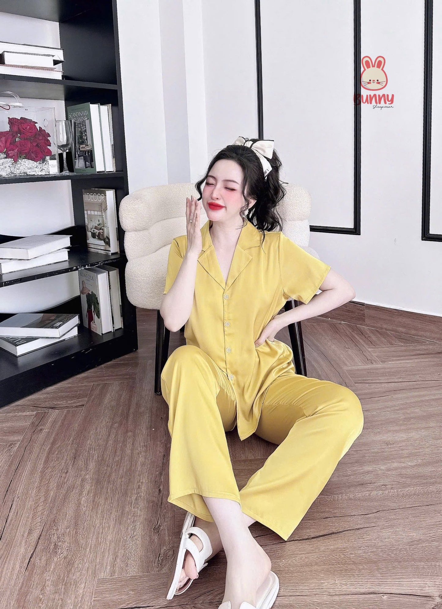 Bộ ngủ trơn bunny cổ vuông sang trọng màu cute