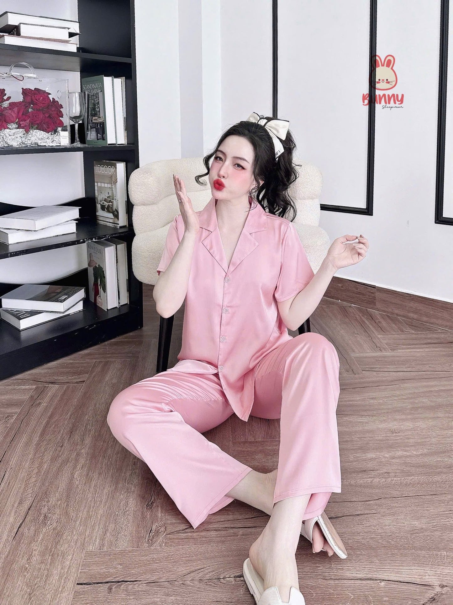 Bộ ngủ trơn bunny cổ vuông sang trọng màu cute
