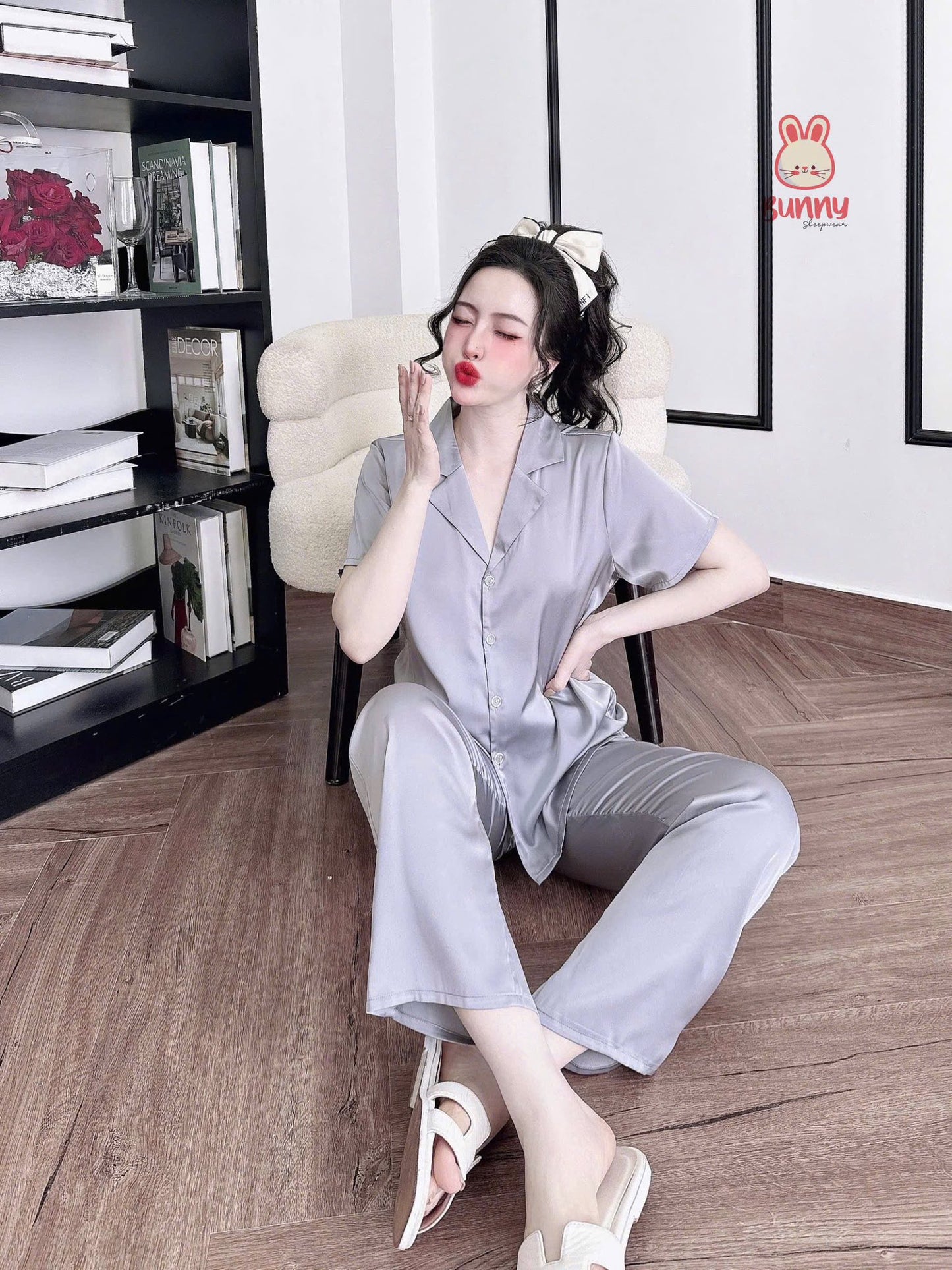 Bộ ngủ trơn bunny cổ vuông sang trọng màu cute