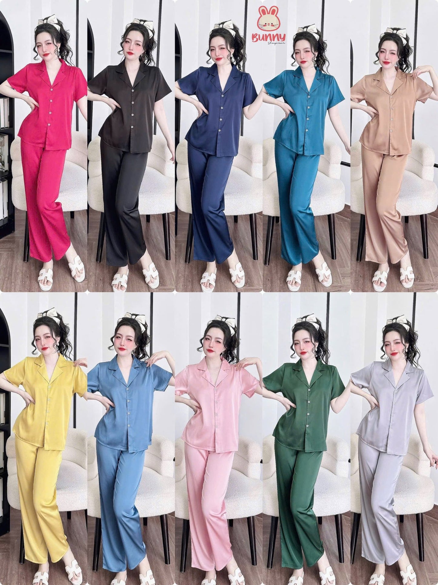 Bộ ngủ trơn bunny cổ vuông sang trọng màu cute