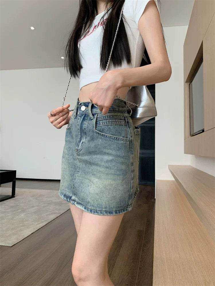 Chân váy denim cạp cao gom order 27$