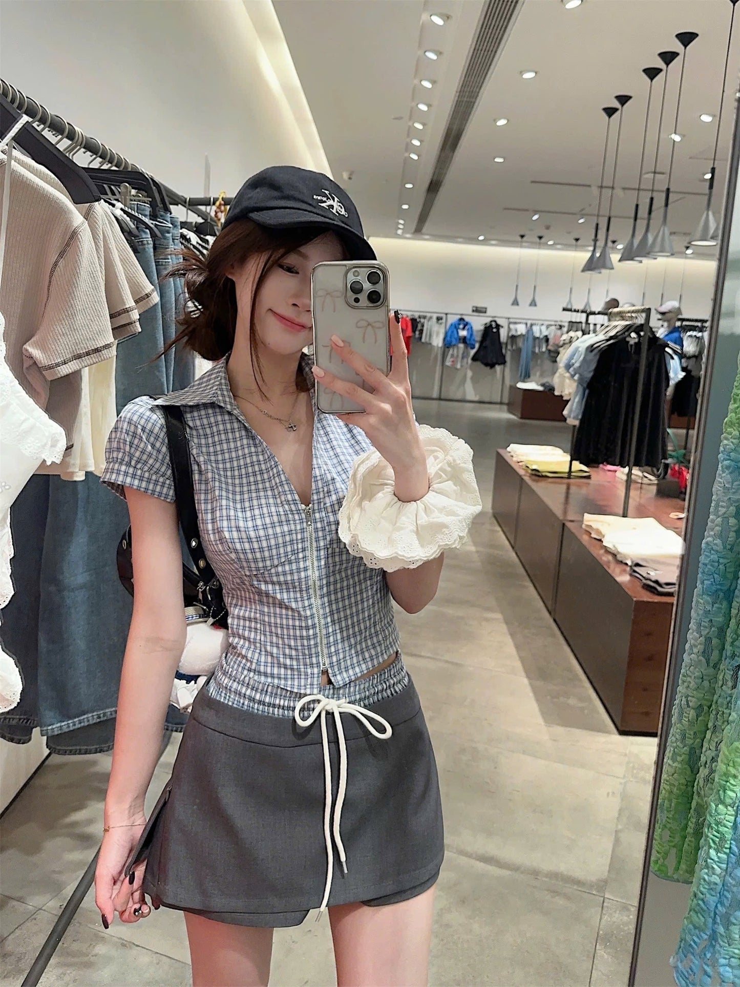 Set áo sơ mi sọc + chân váy chữ A tôn dáng