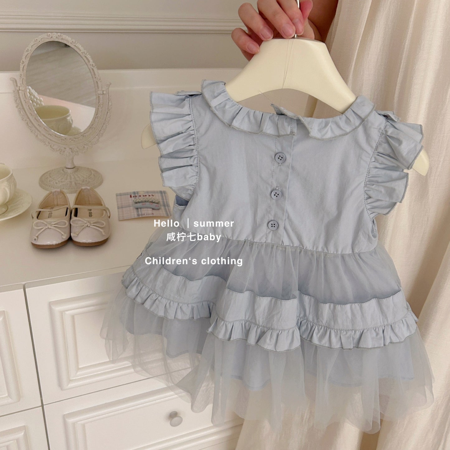 Đầm xanh dương phối voan cho bé gái