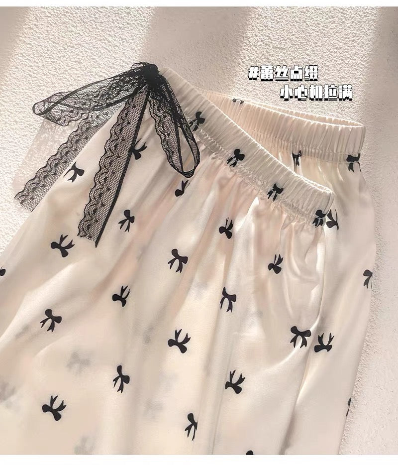 Pijama be nơ viền ren đen dài ngắn