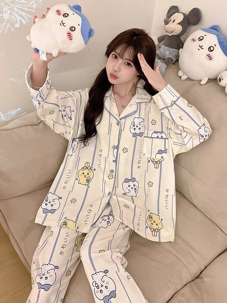 Pijama dài màu kem hoạt hình dễ thương