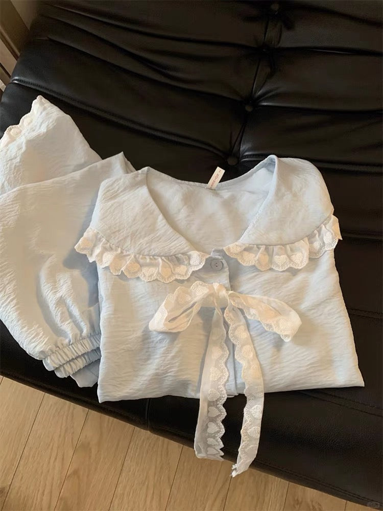 Bộ ngủ cotton ren nơ trẻ trung