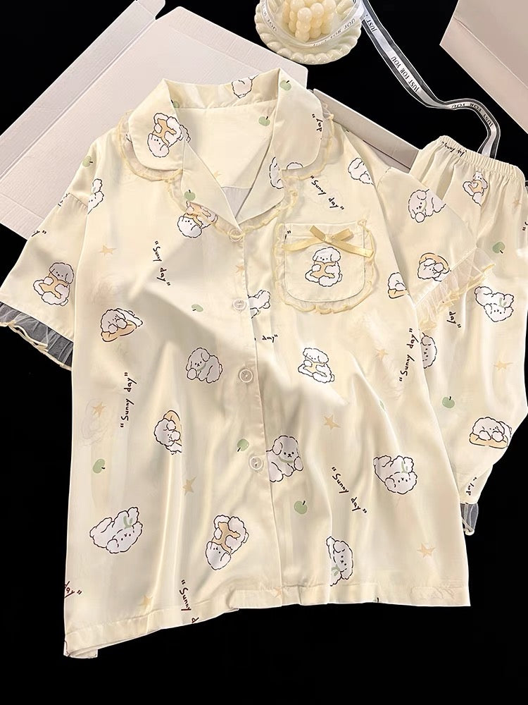 Pijama ngắn phối voan vàng pastel hình cún