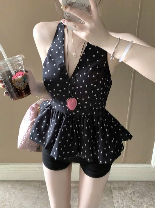Áo cổ yếm chấm bi xoè