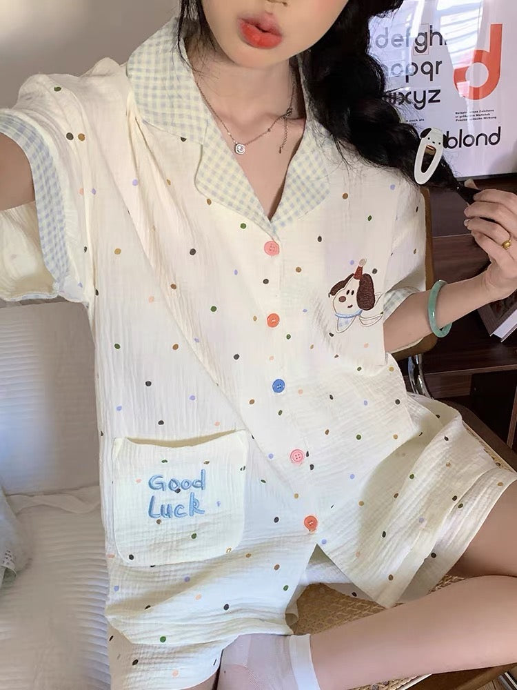 Pijama ngắn chấm bi hình cún Good Luck