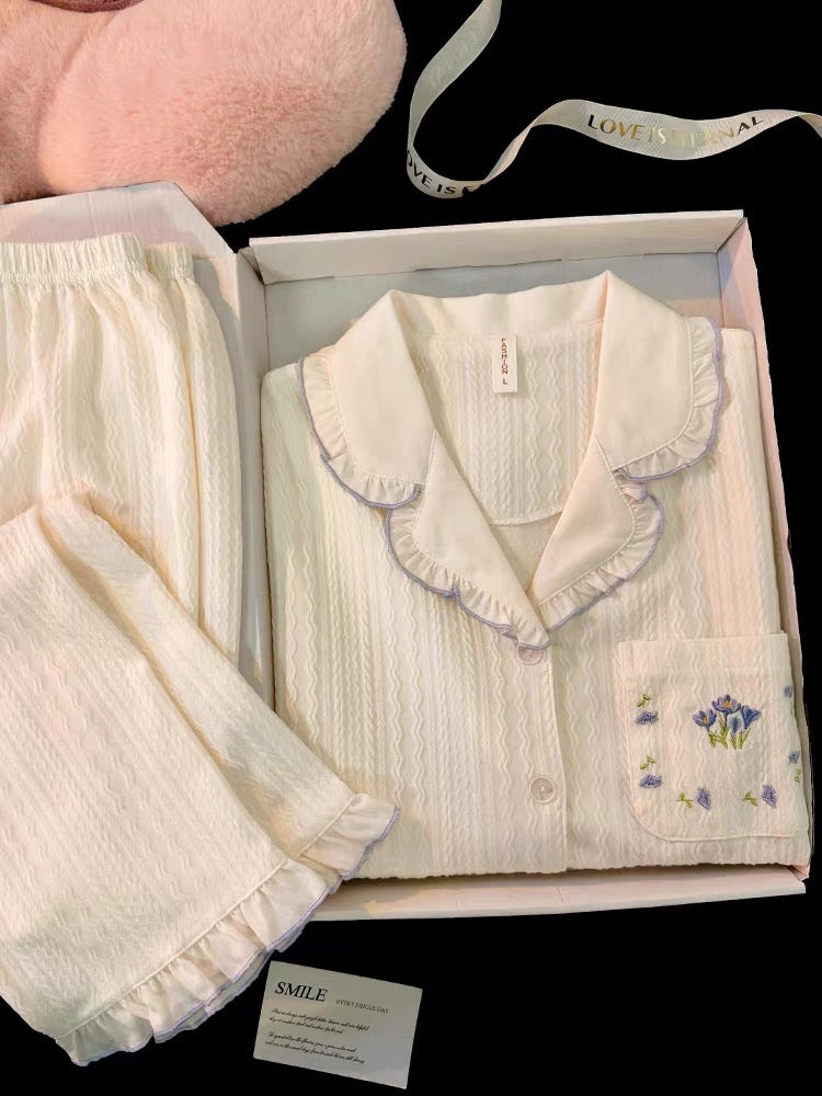 Pijama cotton dài viền tím dịu dàng