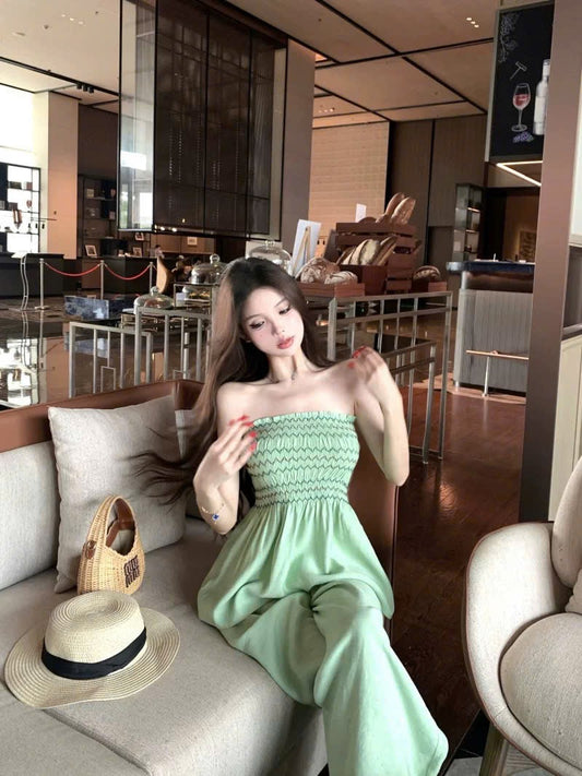 Set áo ống co giãn nhẹ xòe + quần ống rộng