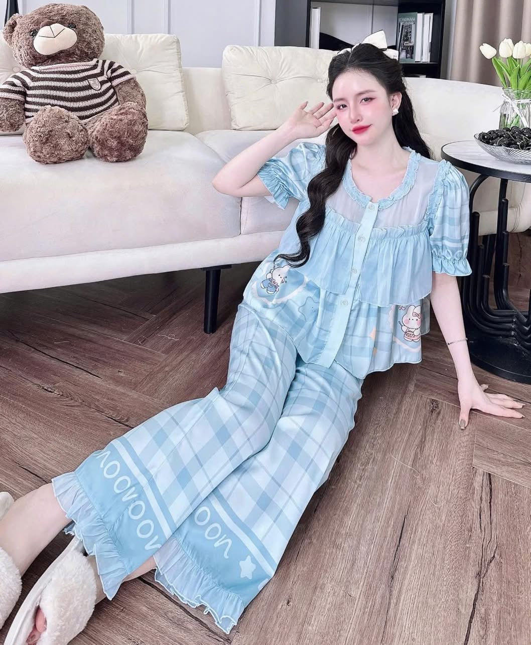 Bộ tay ngắn quần dài tiểu thư phối voán