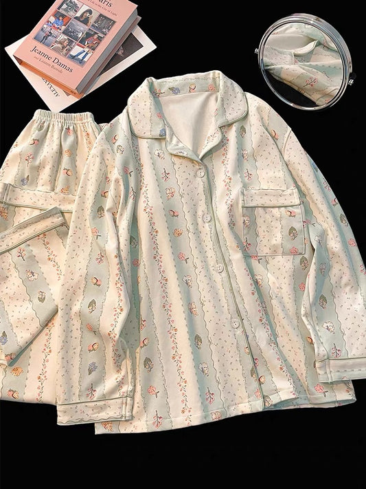 Pijama dài cotton sọc xanh thỏ hoa