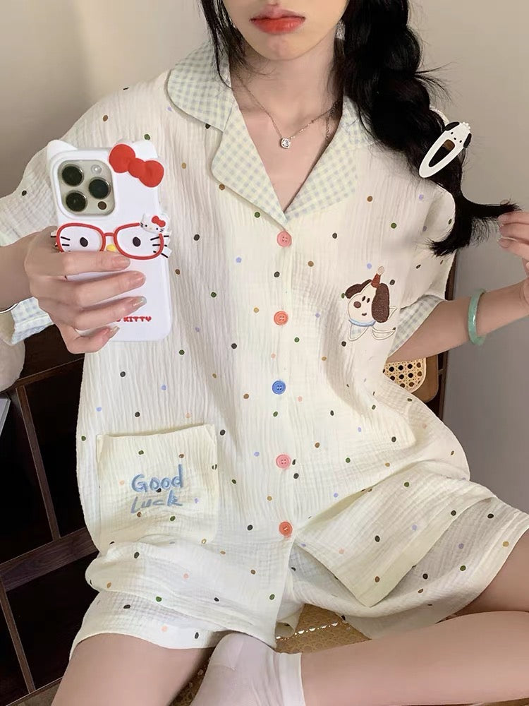 Pijama ngắn chấm bi hình cún Good Luck