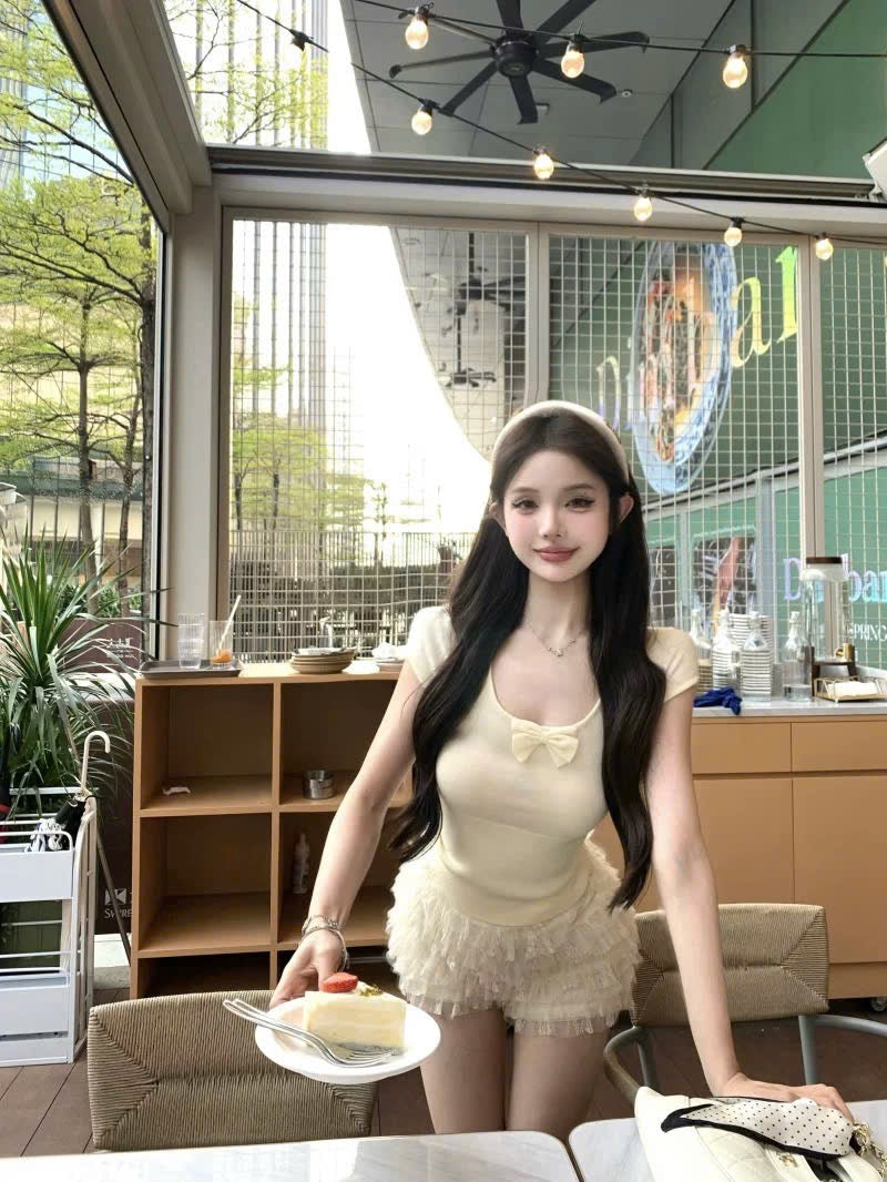 Set áo nơ trơn tay ngắn mix quần đùi tầng bồng bềnh