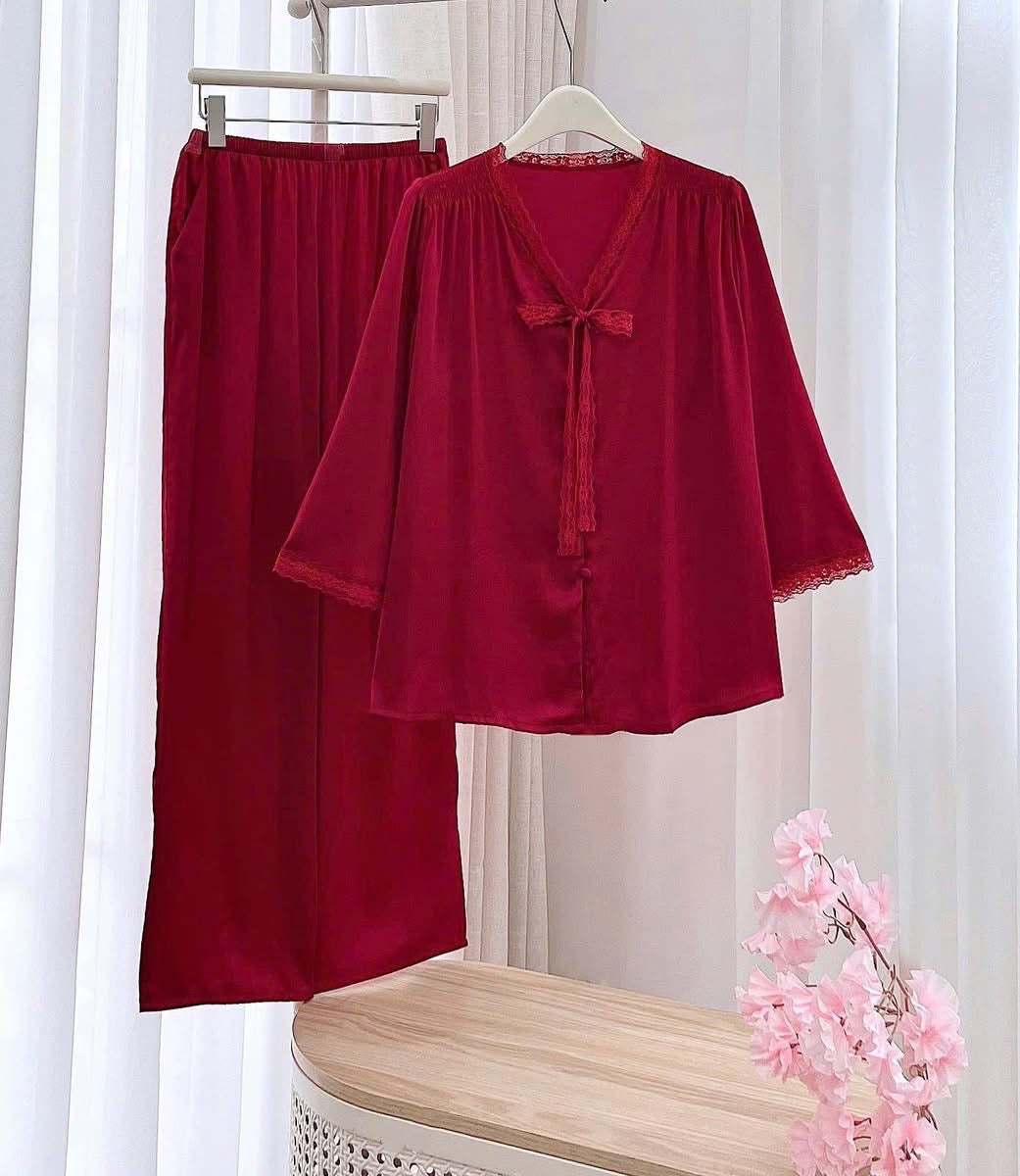 Pijama tiểu thư lụa tay lỡ nơ