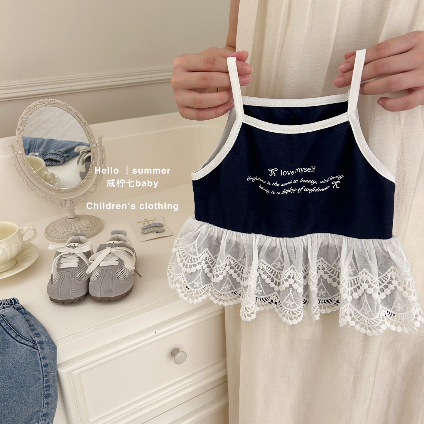 Set 2 dây phối ren quần đùi denim bé gái