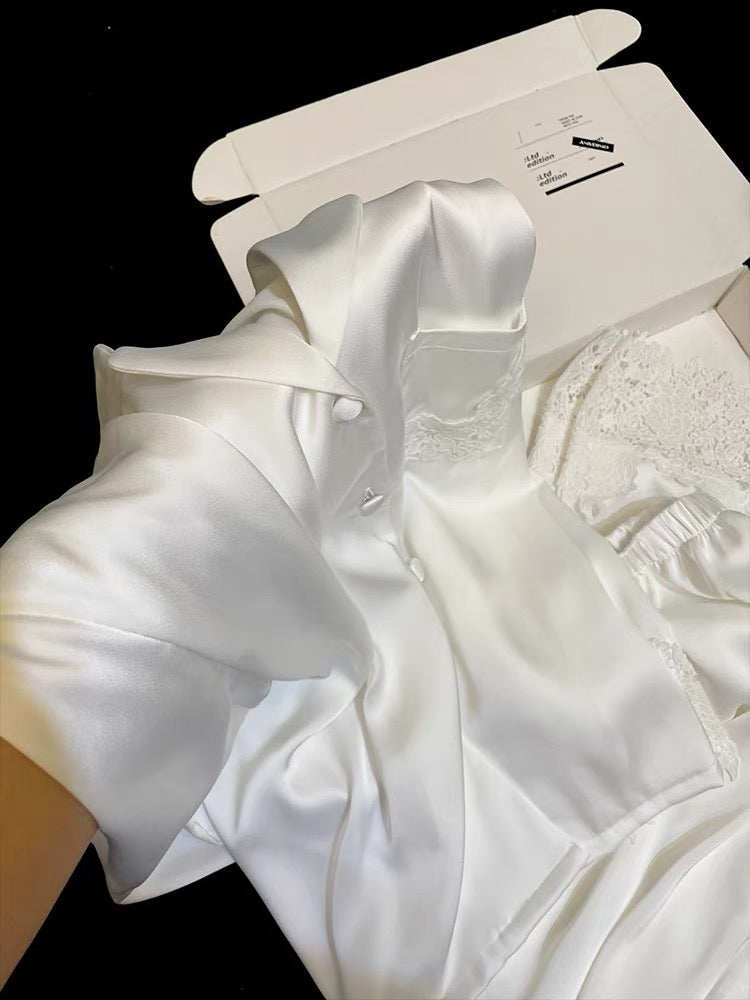 Pijama dài lụa phối ren hoa trắng