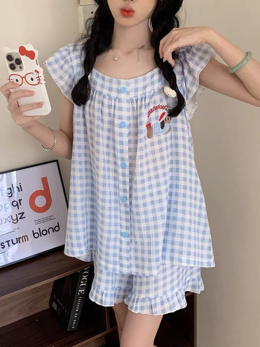Bộ ngủ đùi caro tím viền bèo