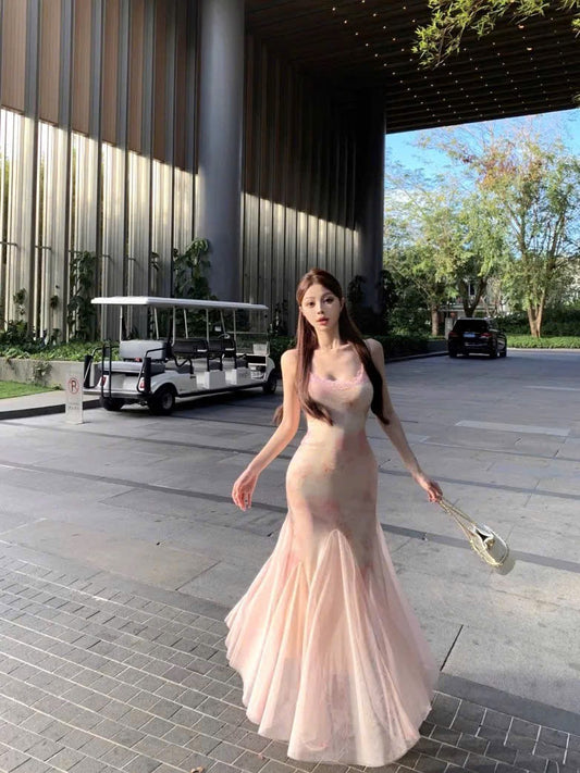 Đầm hồng maxi 2 dây phối voan