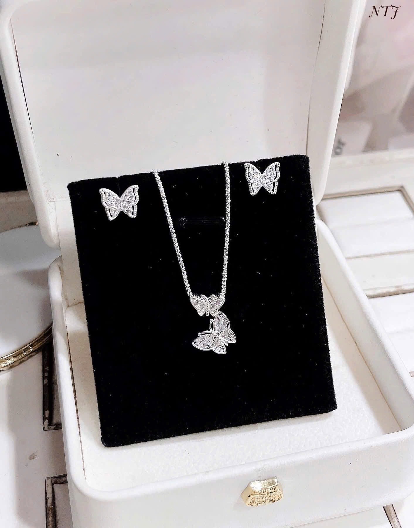 Bộ khuyên tai & dây chuyền bạc sáng