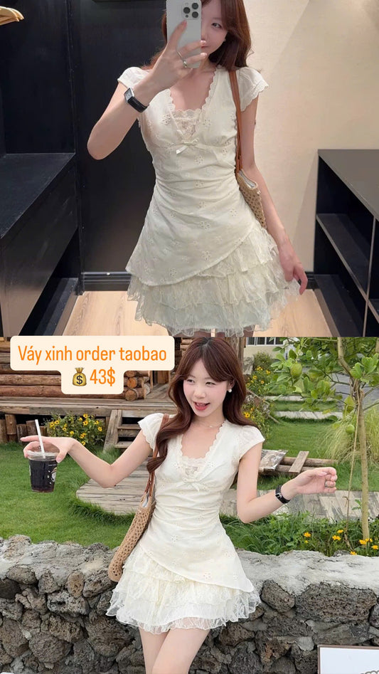 Váy cổ V phối ren dáng xoè xinh