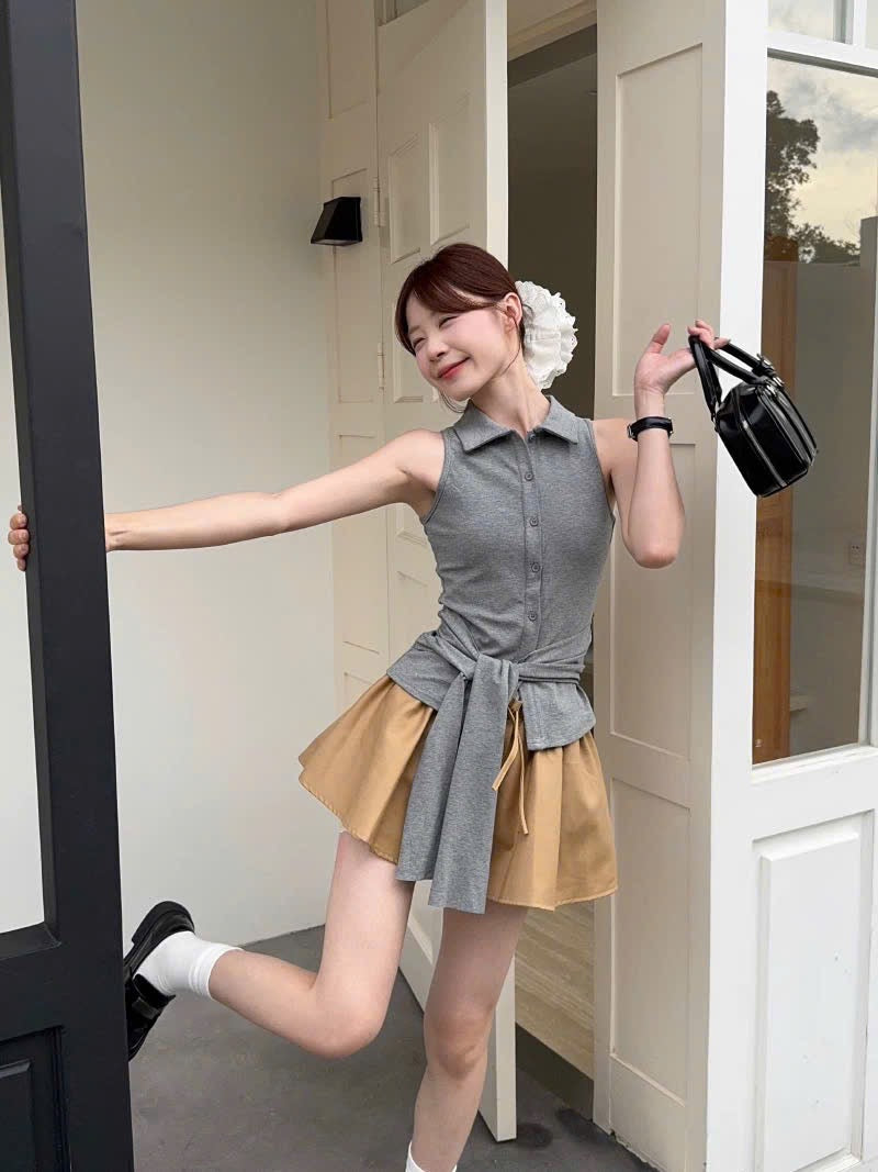 Set áo thun sát nách + chân váy lưng thun xoè