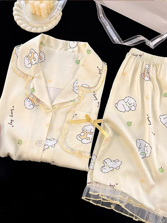 Pijama ngắn phối voan vàng pastel hình cún