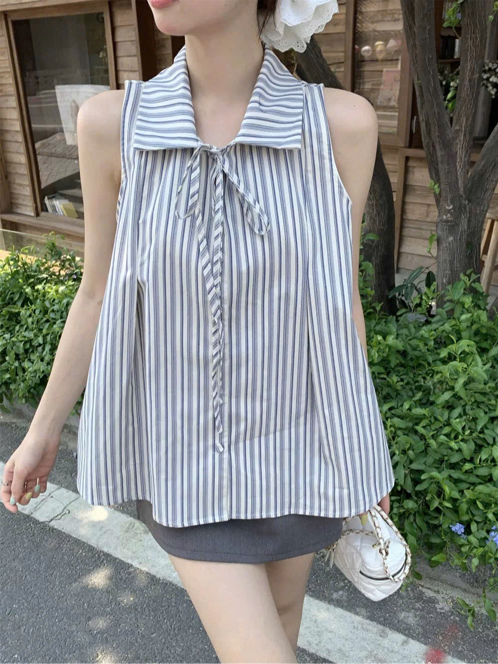 Áo babydoll kẻ sọc cổ sơ mi cột nơ