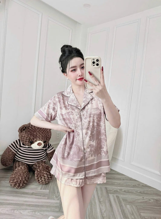 Pijama đùi cổ V viền lé nhẹ nhàng