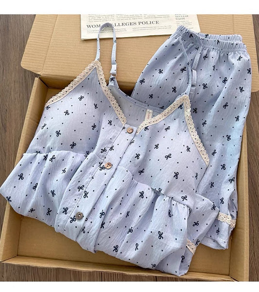 Bộ ngủ 2 dây nơ xanh dương mút lót