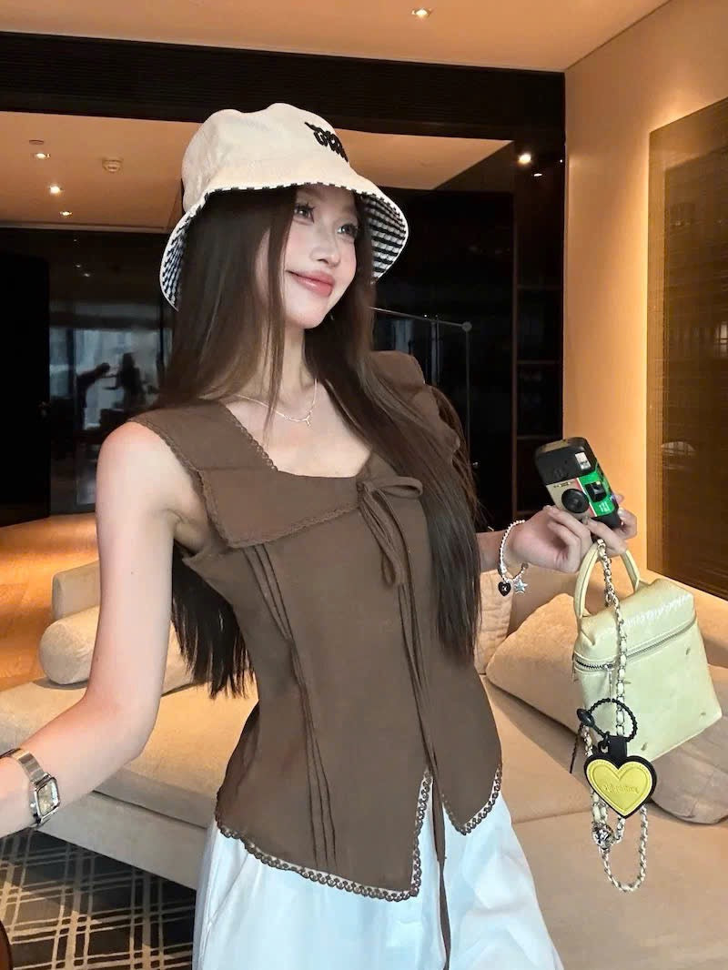 Set áo 2 dây thắt nơ viền ren xinh xắn mix quần ống rộng