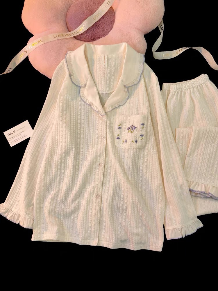 Pijama cotton dài viền tím dịu dàng