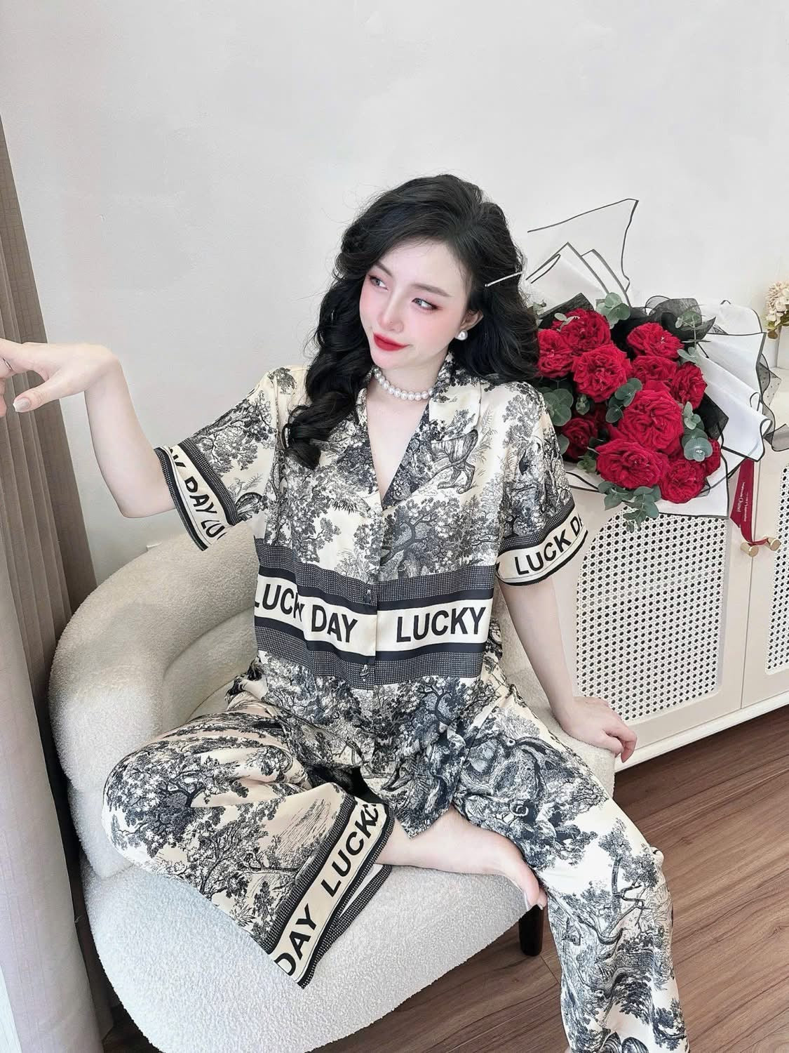 Pijama lụa latin tay ngắn quần dài