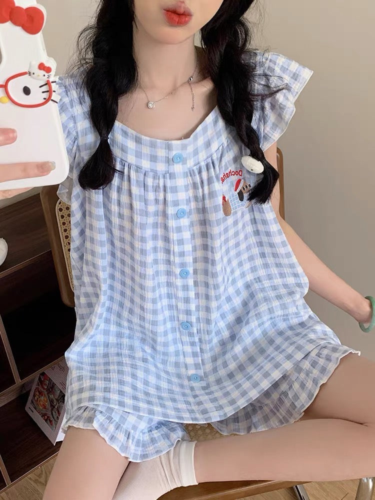 Bộ ngủ đùi caro tím viền bèo