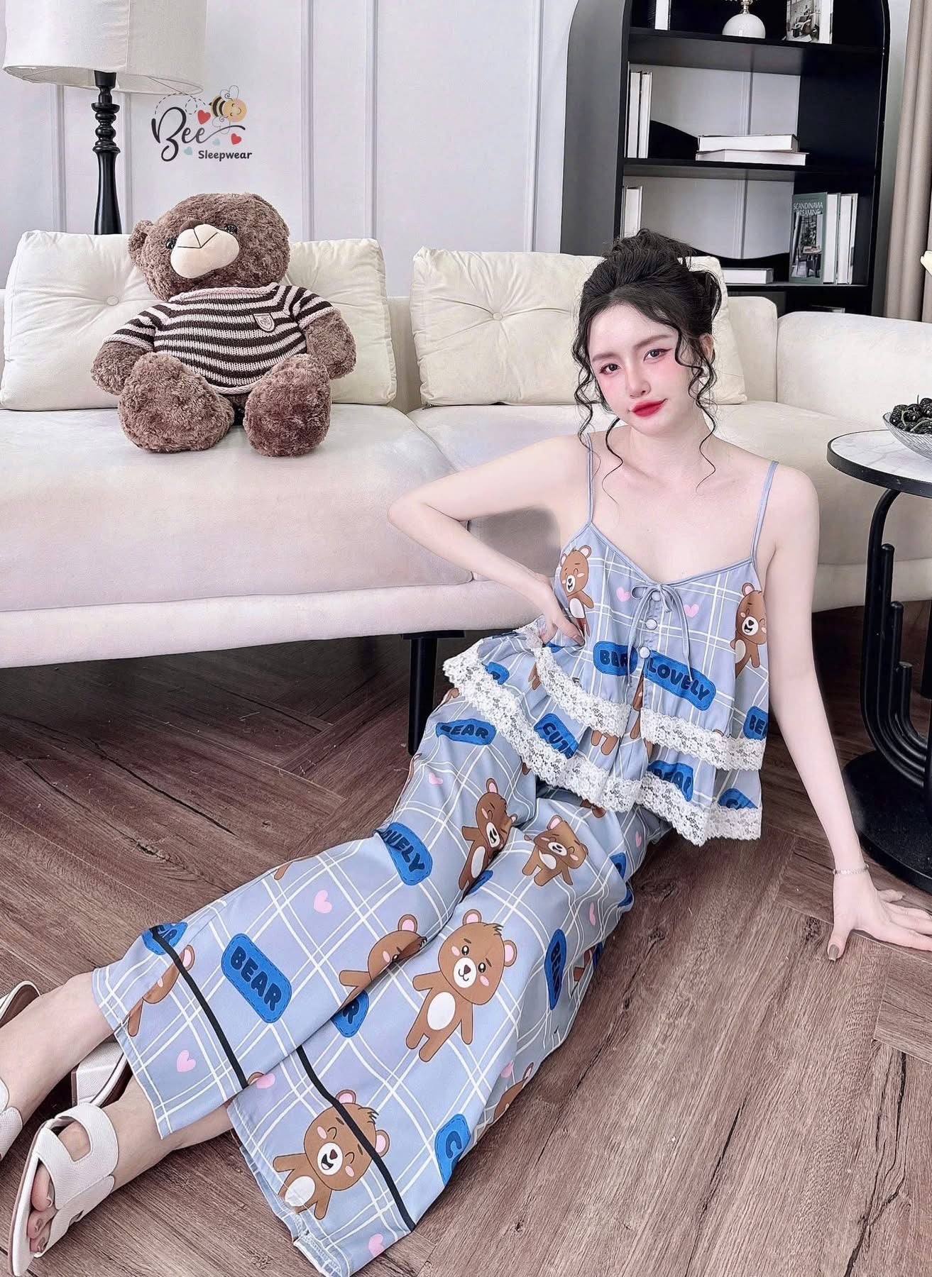 Bộ mặc nhà 2 dây quần dài lụa latin