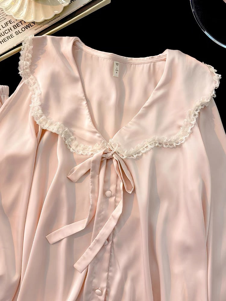 Pijama dài hồng cột nơ tiểu thư