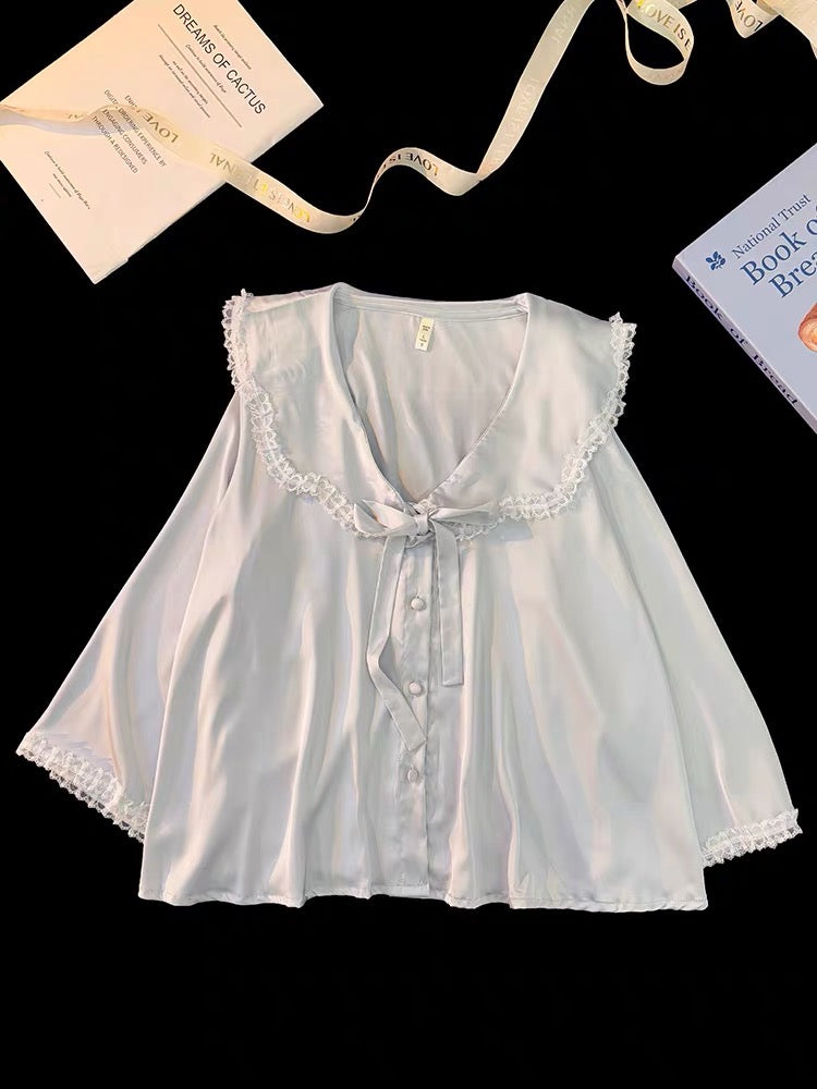 Pijama dài xanh pastel cột nơ