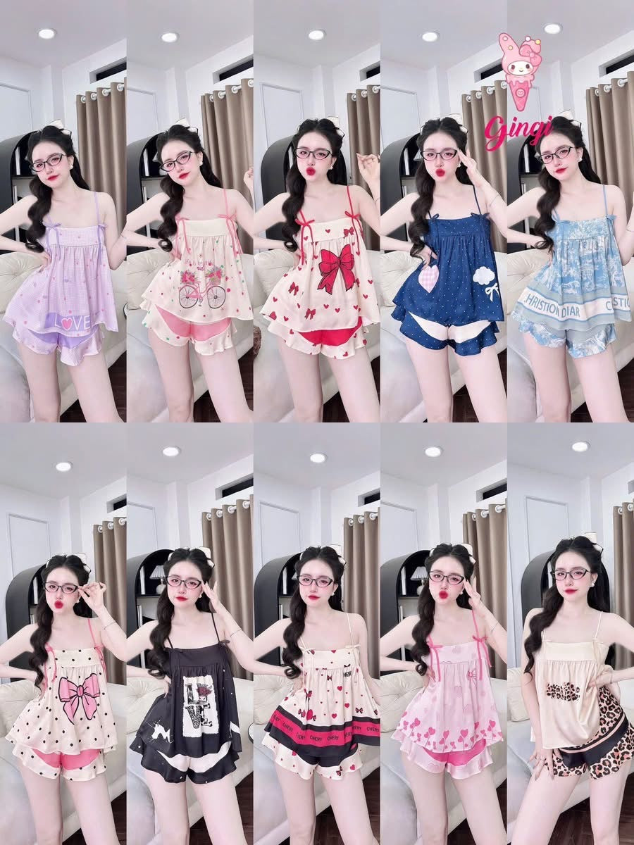 Bộ ngủ 2 dây quần đùi nơ xinh