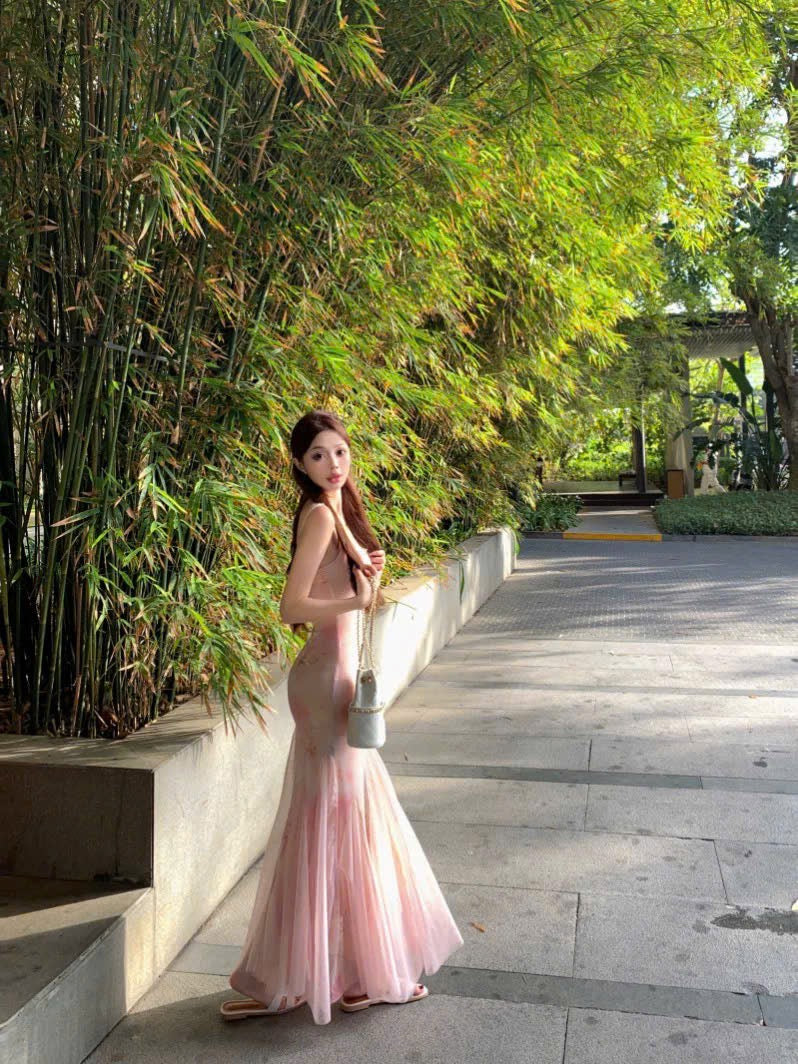 Đầm hồng maxi 2 dây phối voan