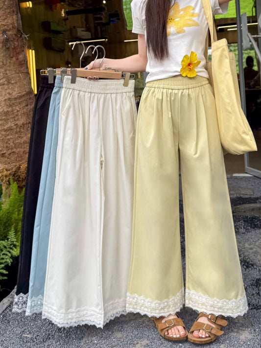Quần suông lưng chun viền ren