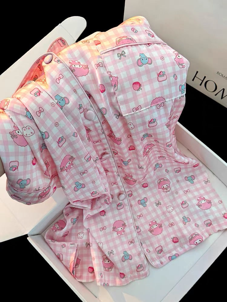Set ngủ 3 món caro hồng hoạt hình