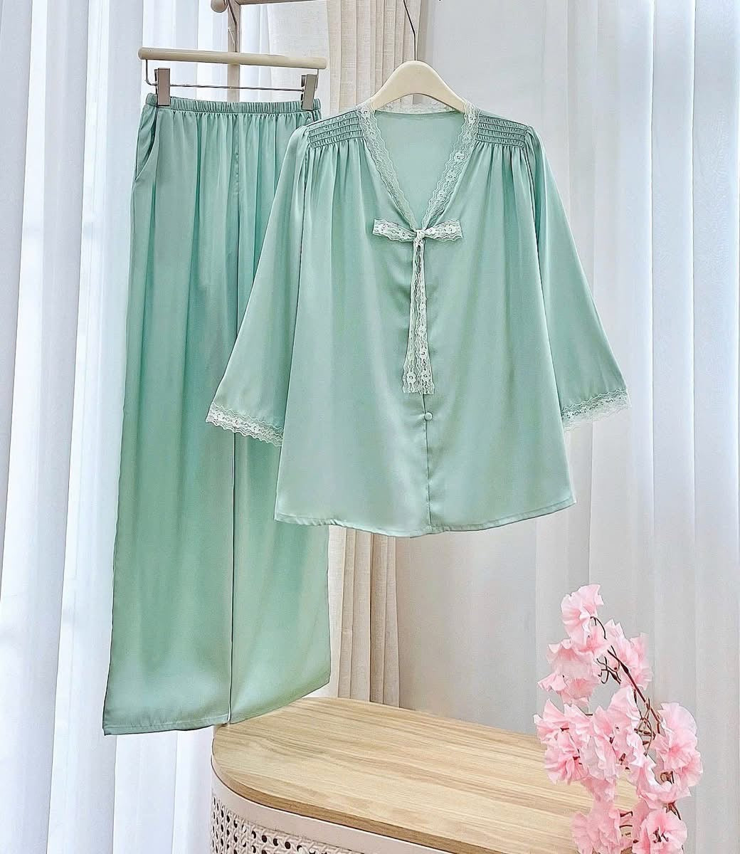 Pijama tiểu thư lụa tay lỡ nơ